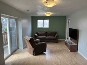 Living area featuring light wood finished floors, a textured ceiling, and baseboards