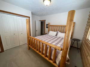 Carpeted bedroom featuring a closet and a textured ceiling