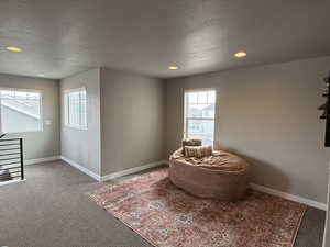 Sitting room featuring recessed lighting, a textured ceiling, baseboards, and carpet floors