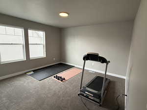 Workout area featuring visible vents, carpet, baseboards, and a textured ceiling