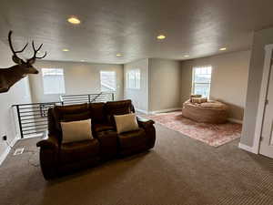 Carpeted living room with recessed lighting, baseboards, and a textured ceiling