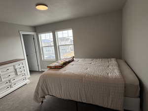 Carpeted bedroom featuring baseboards and a textured ceiling