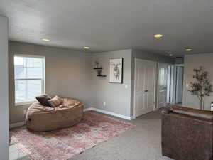 Carpeted living room featuring recessed lighting, baseboards, and a textured ceiling