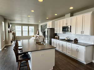 Kitchen featuring dark countertops, a sink, decorative backsplash, stainless steel appliances, and dark wood-style flooring