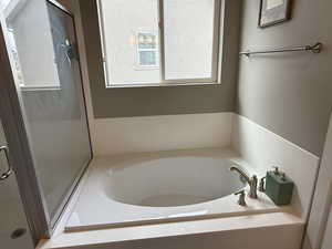 Bathroom featuring a bath and a stall shower