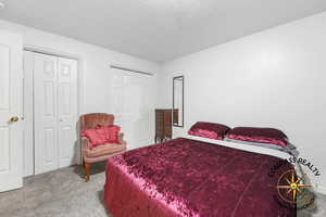 Bedroom 6 with multiple closets, carpet floors, and a textured ceiling