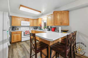 2nd Kitchen featuring white appliances, dark wood-type flooring, a peninsula, and a breakfast bar area