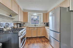 Kitchen with appliances with stainless steel finishes, light brown cabinetry, a sink, light countertops, and ornamental molding