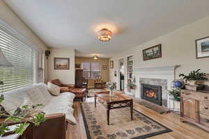 Living room with a stone fireplace, and built in shelves