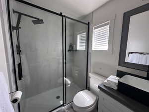 Bathroom featuring vanity, toilet, and a stall shower