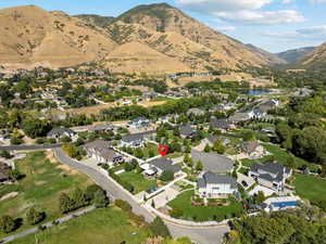 Aerial view with a residential view and a water and mountain view