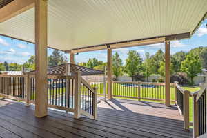 Wooden deck with a lawn and a fenced backyard