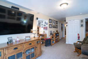 mother in law Living room with light colored carpet