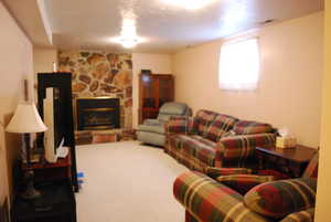 Living area featuring a fireplace and carpet flooring