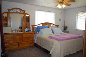 Carpeted bedroom with a ceiling fan