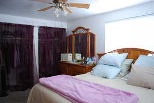 Carpeted bedroom with multiple closets and a ceiling fan