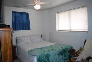 Bedroom with visible vents and ceiling fan