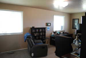 Carpeted home office featuring baseboards