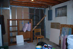 Unfinished basement featuring electric panel