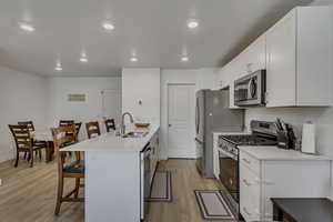 Kitchen featuring light wood finished floors, a breakfast bar, a peninsula, a sink, and stainless steel appliances