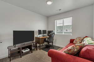 Carpeted home office featuring visible vents and baseboards