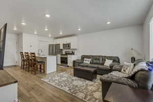 Living area with light wood finished floors and recessed lighting