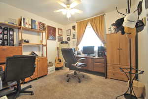 Carpeted bedroom with ceiling fan