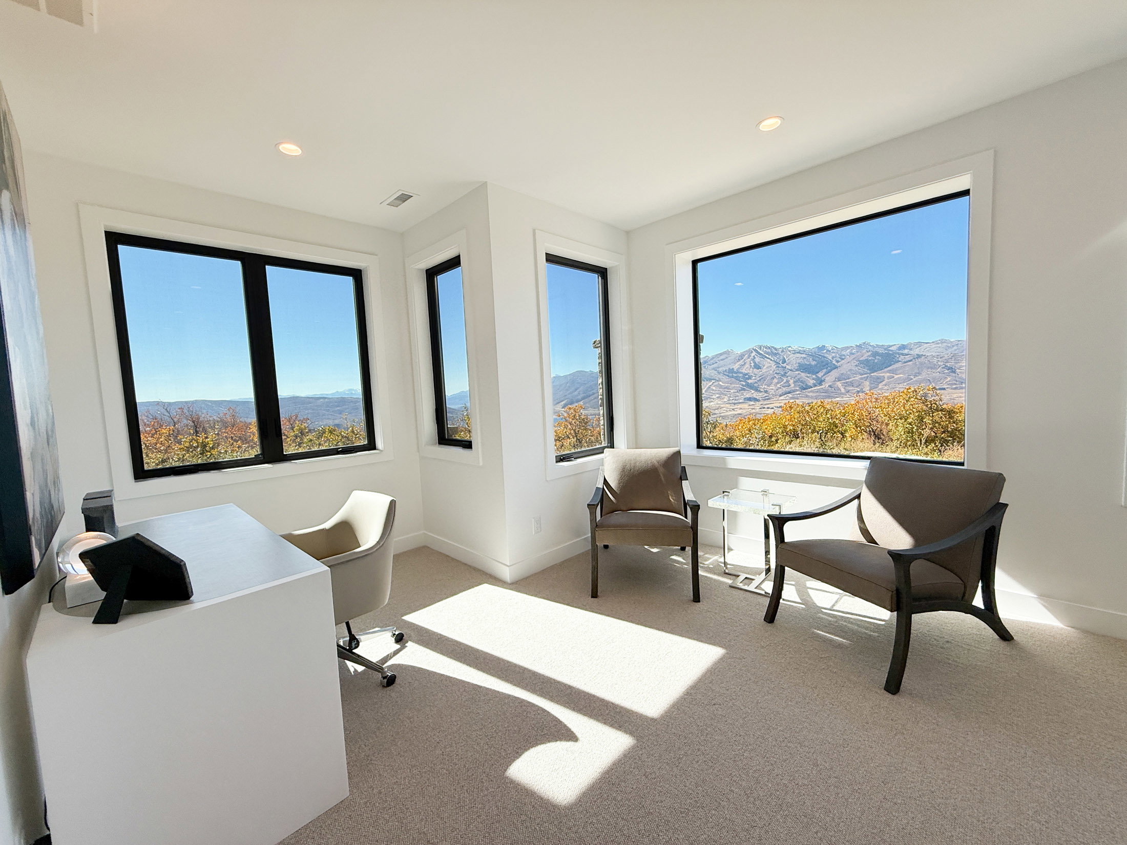 Office featuring light colored carpet, a mountain view, and recessed lighting