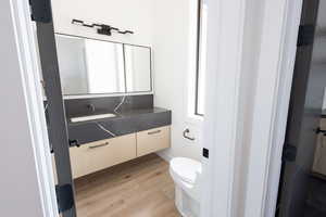 Bathroom with vanity, toilet, and wood finished floors