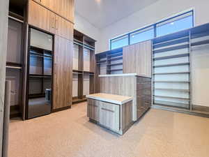 Walk in closet featuring light carpet