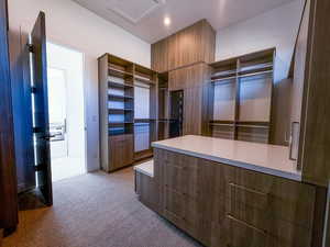 Walk in closet featuring light carpet