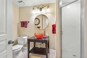 Bathroom with visible vents, a stall shower, toilet, and a sink