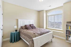 Bedroom with baseboards, visible vents, and light carpet