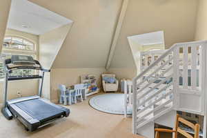Workout room featuring carpet flooring and vaulted ceiling