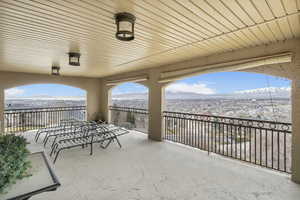 View of patio featuring a mountain view