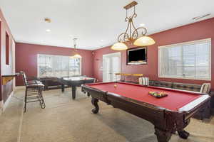 Rec room featuring visible vents, recessed lighting, billiards, and carpet floors