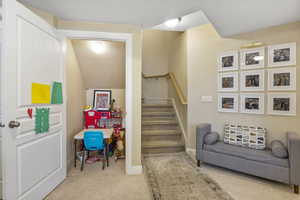 Staircase with baseboards and carpet floors