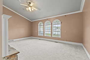 Empty room featuring crown molding, carpet floors, and visible vents
