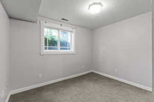 Carpeted spare room with a textured ceiling, visible vents, and baseboards
