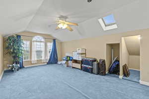 Additional living space with carpet floors, a textured ceiling, baseboards, and vaulted ceiling with skylight