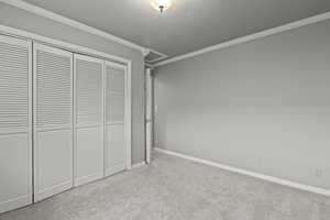 Unfurnished bedroom with carpet floors, ornamental molding, baseboards, and a closet