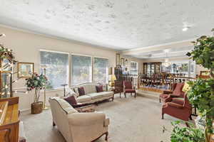 Living room with carpet floors, ornamental molding, and a textured ceiling