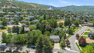Aerial perspective of suburban area featuring a mountain backdrop