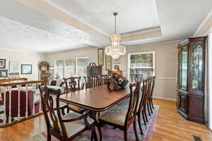 Dining space featuring plenty of natural light, light wood-style flooring, a chandelier, a textured ceiling, and ornamental molding