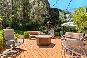 Deck featuring a fire pit and outdoor dining area