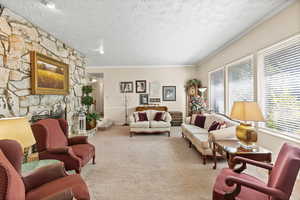 Living area with carpet floors, a textured ceiling, and ornamental molding