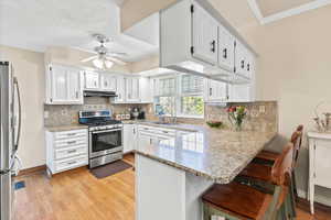 Kitchen featuring appliances with stainless steel finishes, a peninsula, under cabinet range hood, ceiling fan, and light wood-style floors
