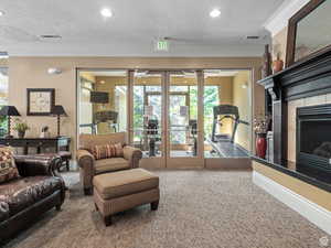 Carpeted living room featuring visible vents, ornamental molding, french doors, and a fireplace