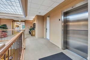 Hallway featuring elevator, carpet floors, ornamental molding, and a paneled ceiling
