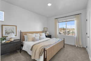 Bedroom with multiple windows, carpet floors, and baseboards